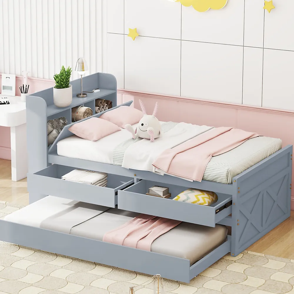 Lit simple 90x190 cm en pin massif avec sommier tiroir table de chevet étagères port USB gris>Redom Online