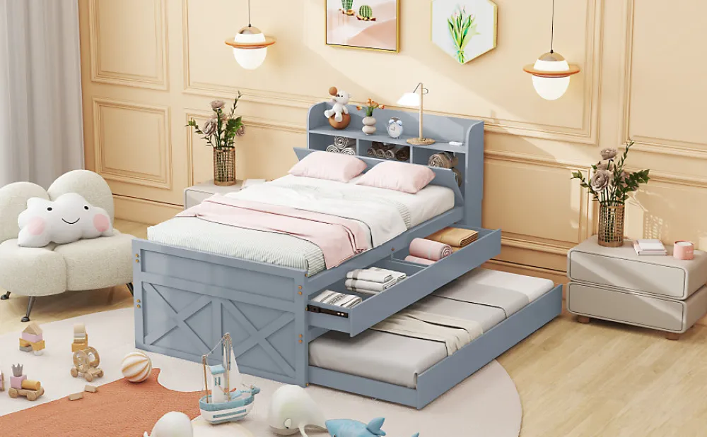 Lit simple 90x190 cm en pin massif avec sommier tiroir table de chevet étagères port USB gris>Redom Online