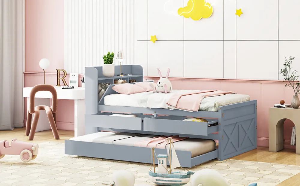 Lit simple 90x190 cm en pin massif avec sommier tiroir table de chevet étagères port USB gris>Redom Online