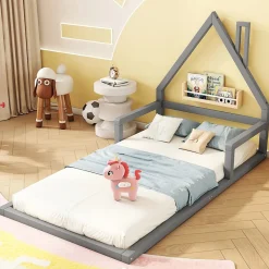 Lit Simple 90x200 cm en Pin Massif Gris, Design Minimaliste, Confort et Sécurité pour Chambre><noscript><img width=