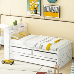 Lit simple 90x190 cm en pin massif blanc avec tiroir coulissant, sommier et table de chevet USB, Lit multifonction ado/invité>ProximaX Discount