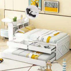 Lit simple 90x190 cm en pin massif blanc avec tiroir coulissant, sommier et table de chevet USB, Lit multifonction ado/invité>ProximaX Discount