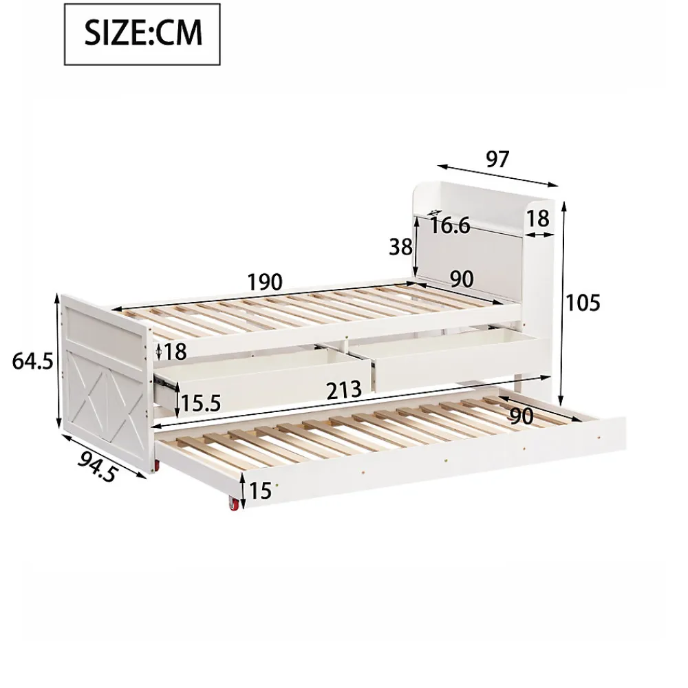 Lit simple 90x190 cm en pin massif blanc avec tiroir coulissant, sommier et table de chevet USB, Lit multifonction ado/invité>ProximaX Discount