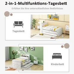 Lit simple 90x190 cm en pin massif blanc avec tiroir coulissant, sommier et table de chevet USB, Lit multifonction ado/invité><noscript><img width=