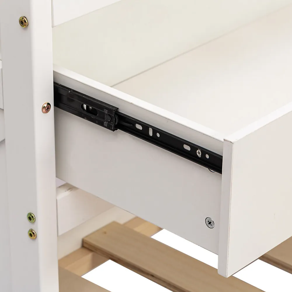 Lit simple 90x190 cm en pin massif blanc avec tiroir coulissant, sommier et table de chevet USB, Lit multifonction ado/invité>ProximaX Discount