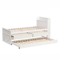 Lit simple 90x190 cm en pin massif blanc avec tiroir coulissant, sommier et table de chevet USB, Lit multifonction ado/invité><noscript><img width=
