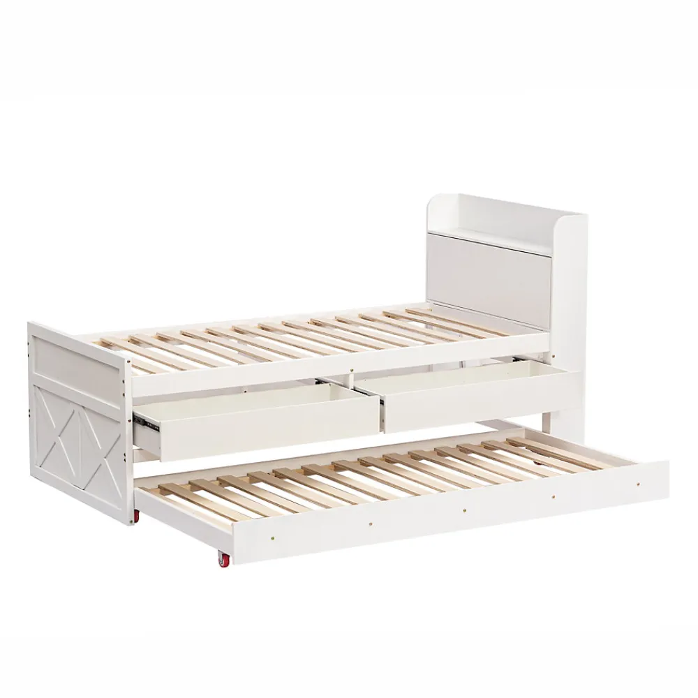 Lit simple 90x190 cm en pin massif blanc avec tiroir coulissant, sommier et table de chevet USB, Lit multifonction ado/invité>ProximaX Discount