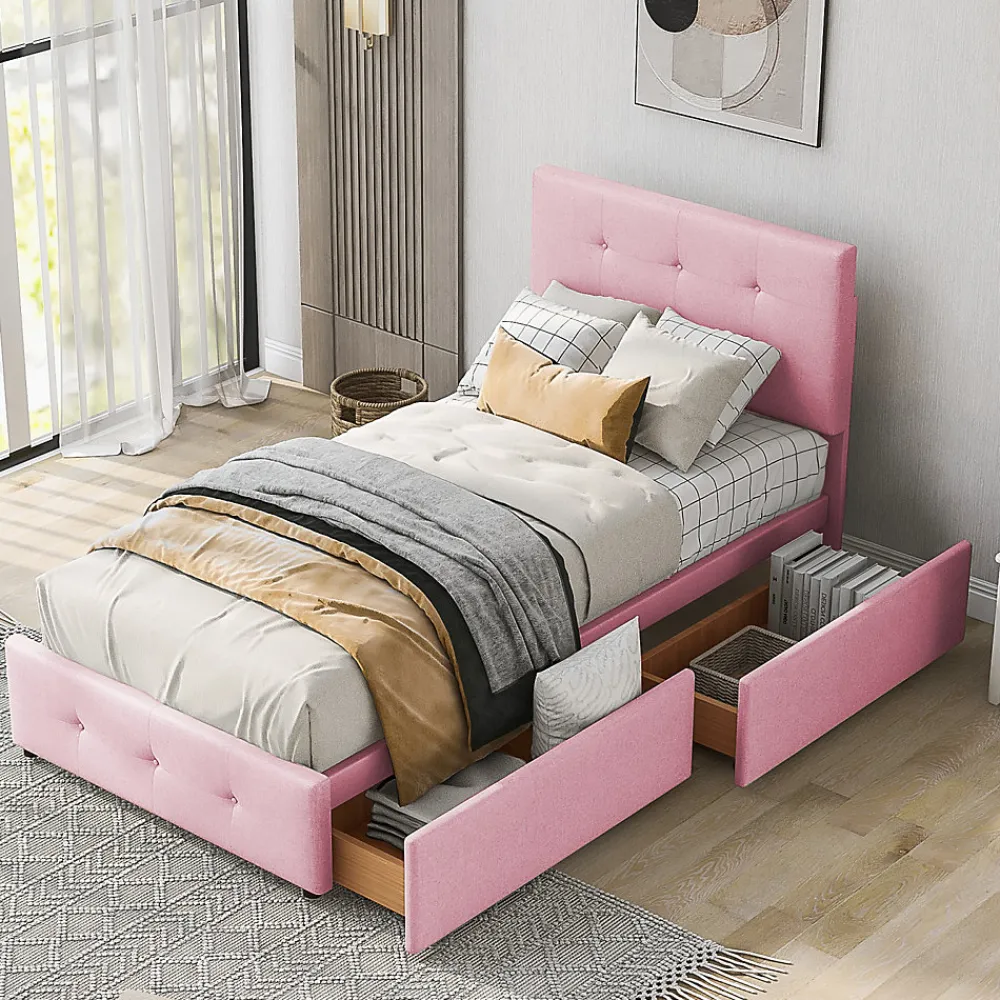 Lit simple 90x200 cm en velours beige avec sommier et 2 tiroirs, lit plat pour enfants, adolescents ou invités, rose>ProximaX Online