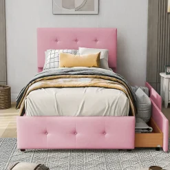 Lit simple 90x200 cm en velours beige avec sommier et 2 tiroirs, lit plat pour enfants, adolescents ou invités, rose>ProximaX Online