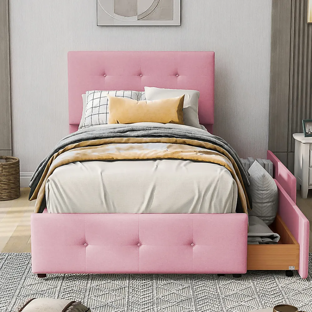 Lit simple 90x200 cm en velours beige avec sommier et 2 tiroirs, lit plat pour enfants, adolescents ou invités, rose>ProximaX Online
