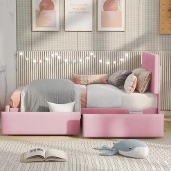 Lit simple 90x200 cm en velours beige avec sommier et 2 tiroirs, lit plat pour enfants, adolescents ou invités, rose><noscript><img width=