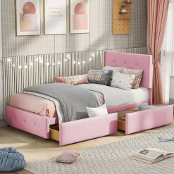 Lit simple 90x200 cm en velours beige avec sommier et 2 tiroirs, lit plat pour enfants, adolescents ou invités, rose><noscript><img width=