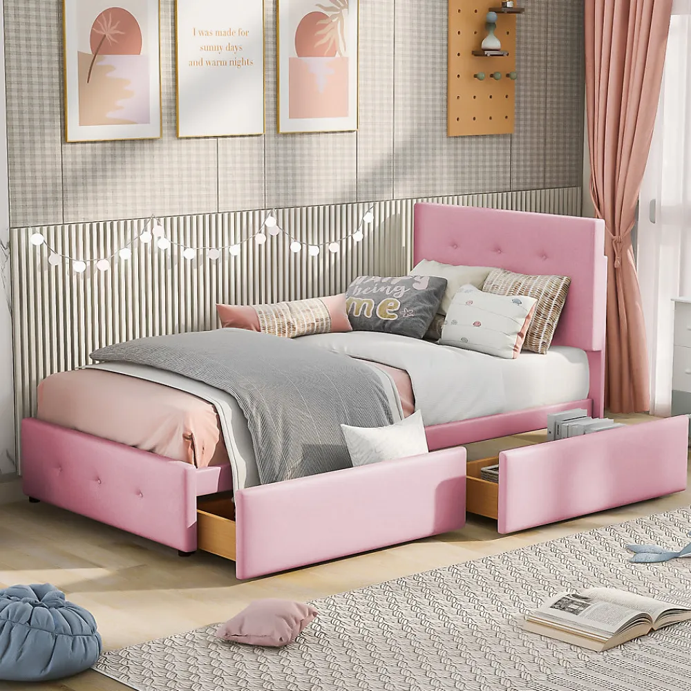 Lit simple 90x200 cm en velours beige avec sommier et 2 tiroirs, lit plat pour enfants, adolescents ou invités, rose>ProximaX Online