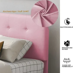 Lit simple 90x200 cm en velours beige avec sommier et 2 tiroirs, lit plat pour enfants, adolescents ou invités, rose><noscript><img width=