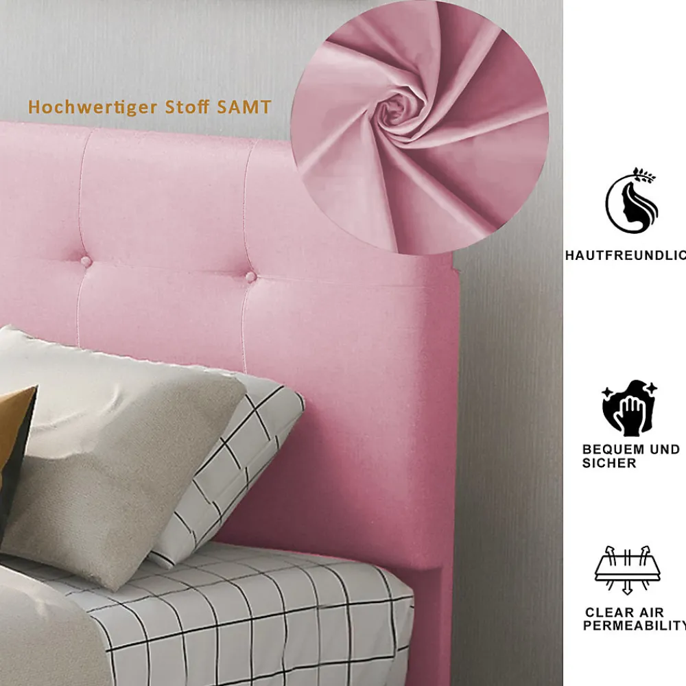 Lit simple 90x200 cm en velours beige avec sommier et 2 tiroirs, lit plat pour enfants, adolescents ou invités, rose>ProximaX Online