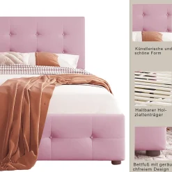 Lit simple 90x200 cm en velours beige avec sommier et 2 tiroirs, lit plat pour enfants, adolescents ou invités, rose><noscript><img width=