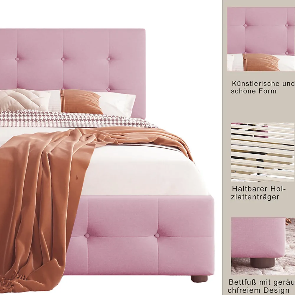 Lit simple 90x200 cm en velours beige avec sommier et 2 tiroirs, lit plat pour enfants, adolescents ou invités, rose>ProximaX Online