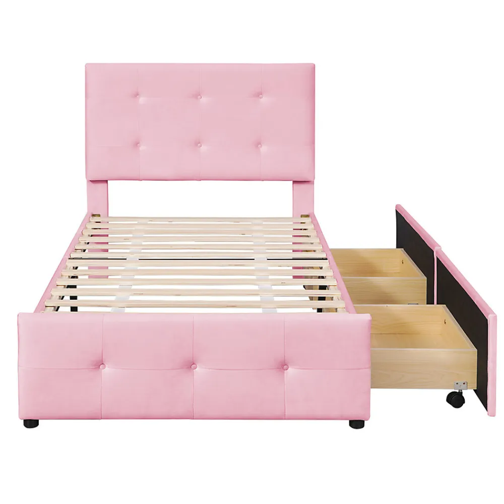 Lit simple 90x200 cm en velours beige avec sommier et 2 tiroirs, lit plat pour enfants, adolescents ou invités, rose>ProximaX Online