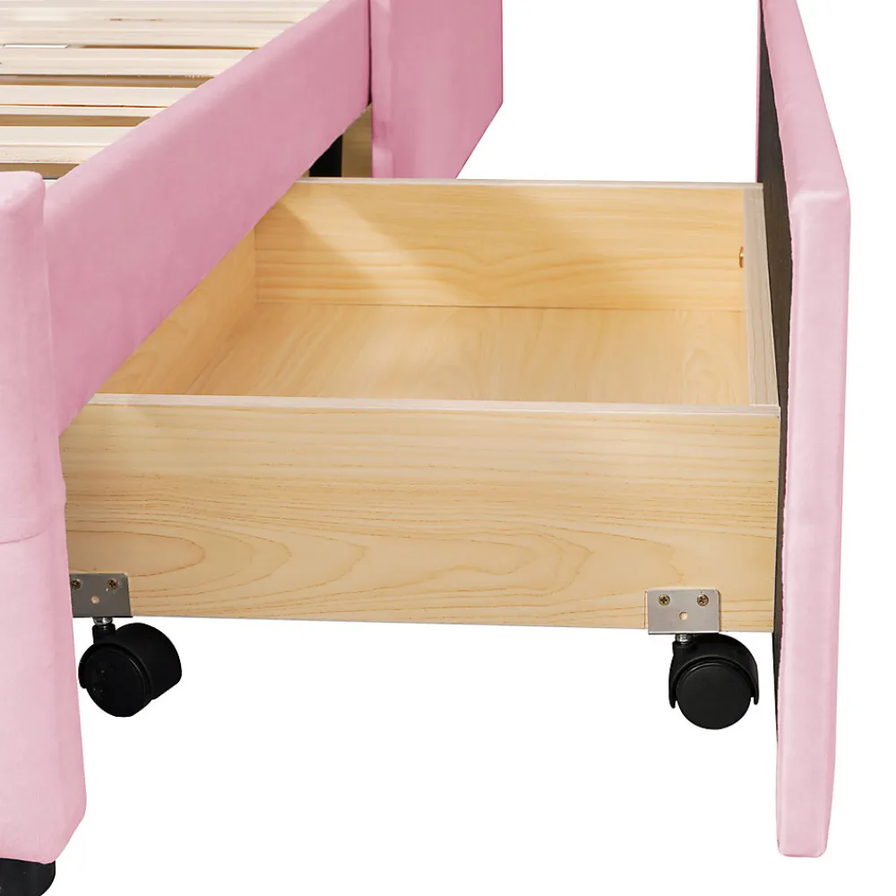 Lit simple 90x200 cm en velours beige avec sommier et 2 tiroirs, lit plat pour enfants, adolescents ou invités, rose>ProximaX Online