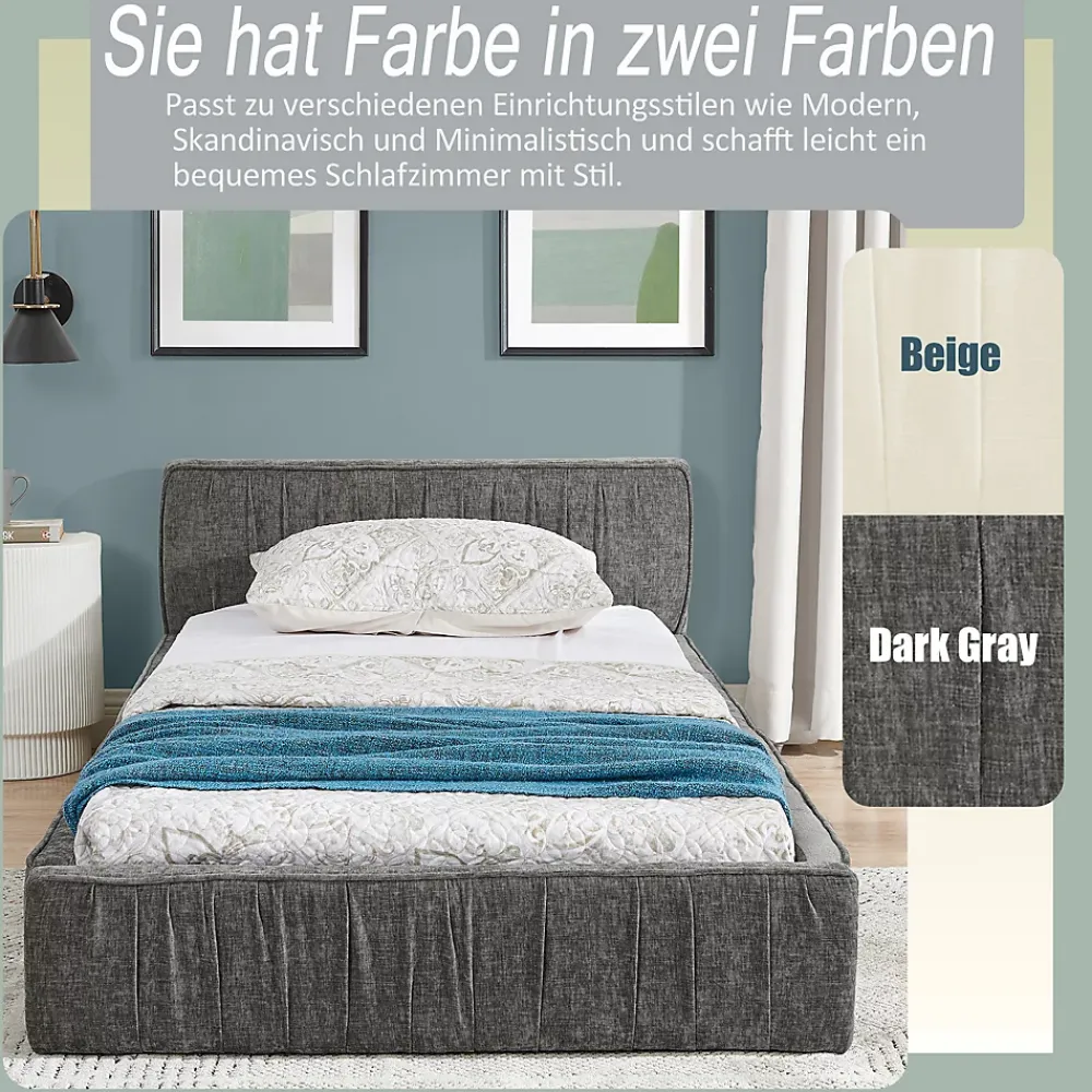 Okwish Lit Simple 90x200 cm enfant Capitonné, Tête de Lit, Structure Bois d'Eucalyptus Métal, Chenille Doux, Gris Foncé, Sans Matelas*Enfant Lit Enfant