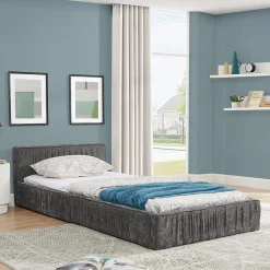 Okwish Lit Simple 90x200 cm enfant Capitonné, Tête de Lit, Structure Bois d'Eucalyptus Métal, Chenille Doux, Gris Foncé, Sans Matelas*Enfant Lit Enfant