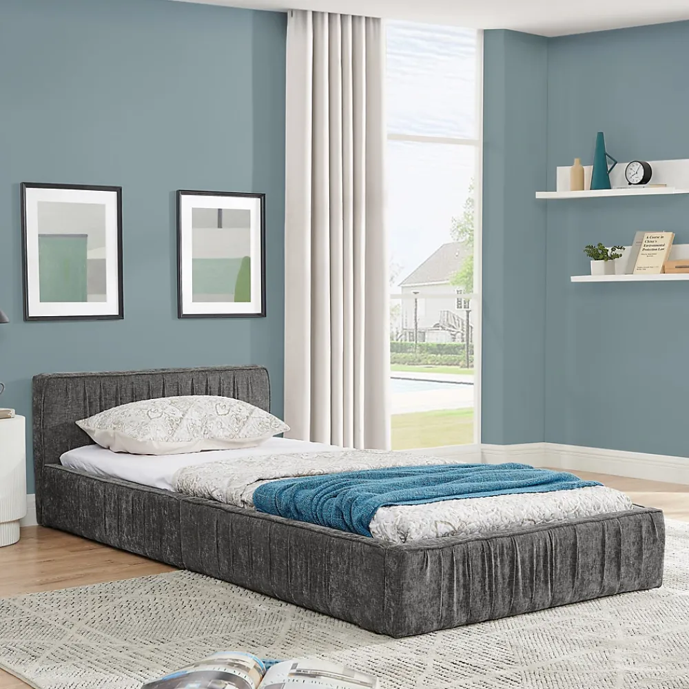 Okwish Lit Simple 90x200 cm enfant Capitonné, Tête de Lit, Structure Bois d'Eucalyptus Métal, Chenille Doux, Gris Foncé, Sans Matelas*Enfant Lit Enfant