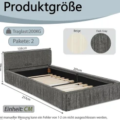 Okwish Lit Simple 90x200 cm enfant Capitonné, Tête de Lit, Structure Bois d'Eucalyptus Métal, Chenille Doux, Gris Foncé, Sans Matelas*Enfant Lit Enfant