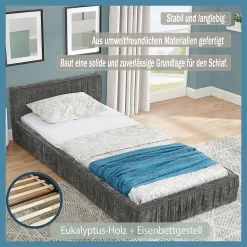 Okwish Lit Simple 90x200 cm enfant Capitonné, Tête de Lit, Structure Bois d'Eucalyptus Métal, Chenille Doux, Gris Foncé, Sans Matelas*Enfant Lit Enfant