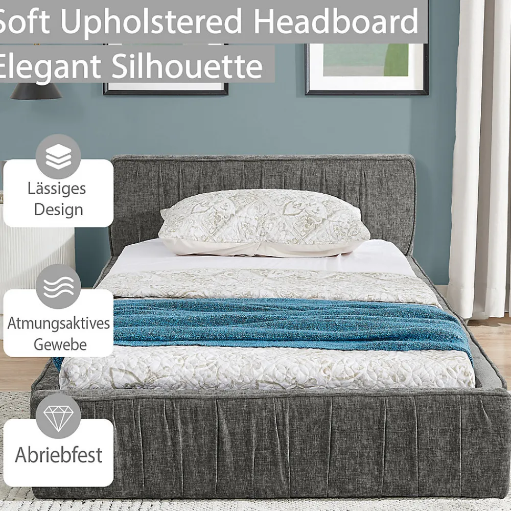 Okwish Lit Simple 90x200 cm enfant Capitonné, Tête de Lit, Structure Bois d'Eucalyptus Métal, Chenille Doux, Gris Foncé, Sans Matelas*Enfant Lit Enfant