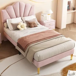 Okwish Lit simple 90x200 cm, Lit Capitonné avec Tête de Lit Coquillage Réglable et Pieds Dorés - Rose, Sans Matelas* Lit Simple