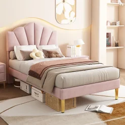 Okwish Lit simple 90x200 cm, Lit Capitonné avec Tête de Lit Coquillage Réglable et Pieds Dorés - Rose, Sans Matelas* Lit Simple