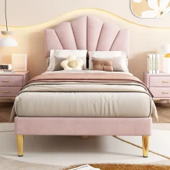 Okwish Lit simple 90x200 cm, Lit Capitonné avec Tête de Lit Coquillage Réglable et Pieds Dorés - Rose, Sans Matelas* Lit Simple