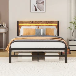 Lit Simple 120x200 cm, Lit Métal Ado Vintage avec LED et USB, Sans Matelas, MDF et Métal, Noir/Brun>Okwish New