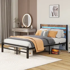 Lit Simple 120x200 cm, Lit Métal Ado Vintage avec LED et USB, Sans Matelas, MDF et Métal, Noir/Brun><noscript><img width=