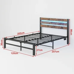 Lit Simple 120x200 cm, Lit Métal Ado Vintage avec LED et USB, Sans Matelas, MDF et Métal, Noir/Brun><noscript><img width=
