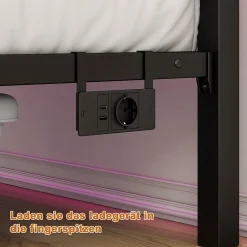Lit Simple 120x200 cm, Lit Métal Ado Vintage avec LED et USB, Sans Matelas, MDF et Métal, Noir/Brun><noscript><img width=