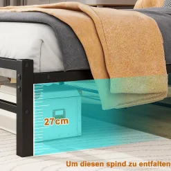 Lit Simple 120x200 cm, Lit Métal Ado Vintage avec LED et USB, Sans Matelas, MDF et Métal, Noir/Brun><noscript><img width=