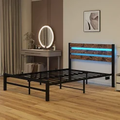 Lit Simple 120x200 cm, Lit Métal Ado Vintage avec LED et USB, Sans Matelas, MDF et Métal, Noir/Brun><noscript><img width=