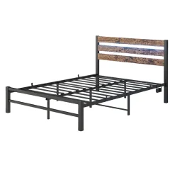 Lit Simple 120x200 cm, Lit Métal Ado Vintage avec LED et USB, Sans Matelas, MDF et Métal, Noir/Brun><noscript><img width=