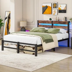 Lit Simple 120x200 cm, Lit Métal Ado avec Éclairage LED et Prises USB, Rangement dessous, Sans Matelas, Métal et Bois, Noir, Brun>Okwish Online