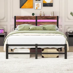 Lit Simple 120x200 cm, Lit Métal Ado avec Éclairage LED et Prises USB, Rangement dessous, Sans Matelas, Métal et Bois, Noir, Brun>Okwish Online