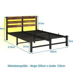Lit Simple 120x200 cm, Lit Métal Ado avec Éclairage LED et Prises USB, Rangement dessous, Sans Matelas, Métal et Bois, Noir, Brun><noscript><img width=