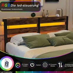 Lit Simple 120x200 cm, Lit Métal Ado avec Éclairage LED et Prises USB, Rangement dessous, Sans Matelas, Métal et Bois, Noir, Brun><noscript><img width=