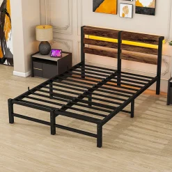Lit Simple 120x200 cm, Lit Métal Ado avec Éclairage LED et Prises USB, Rangement dessous, Sans Matelas, Métal et Bois, Noir, Brun><noscript><img width=