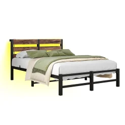 Lit Simple 120x200 cm, Lit Métal Ado avec Éclairage LED et Prises USB, Rangement dessous, Sans Matelas, Métal et Bois, Noir, Brun><noscript><img width=