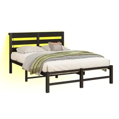 Okwish Lit Simple 120x200 cm, Lit Métal Ado avec Éclairage LED et Prises USB, Rangement dessous, Sans Matelas, Métal et Bois, Noir* Lit Simple