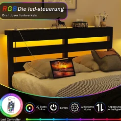 Okwish Lit Simple 120x200 cm, Lit Métal Ado avec Éclairage LED et Prises USB, Rangement dessous, Sans Matelas, Métal et Bois, Noir* Lit Simple