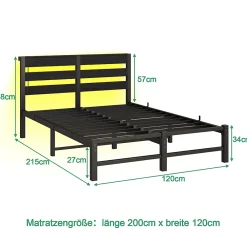 Okwish Lit Simple 120x200 cm, Lit Métal Ado avec Éclairage LED et Prises USB, Rangement dessous, Sans Matelas, Métal et Bois, Noir* Lit Simple