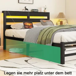 Okwish Lit Simple 120x200 cm, Lit Métal Ado avec Éclairage LED et Prises USB, Rangement dessous, Sans Matelas, Métal et Bois, Noir* Lit Simple