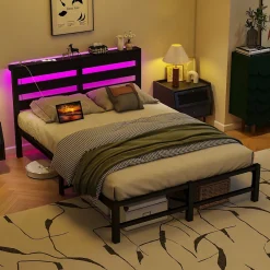 Okwish Lit Simple 120x200 cm, Lit Métal Ado avec Éclairage LED et Prises USB, Rangement dessous, Sans Matelas, Métal et Bois, Noir* Lit Simple